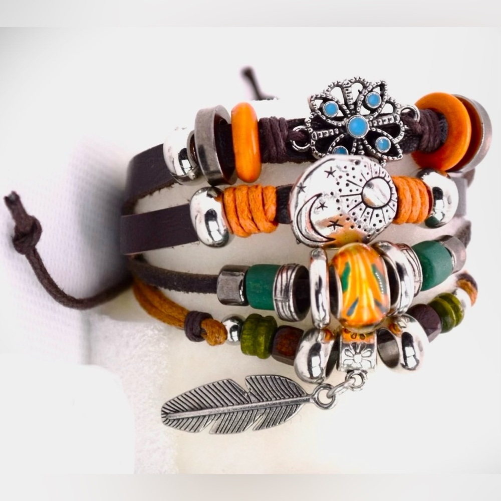Feather & Moon Beaded Leather Boho Multi Layer Bracelet